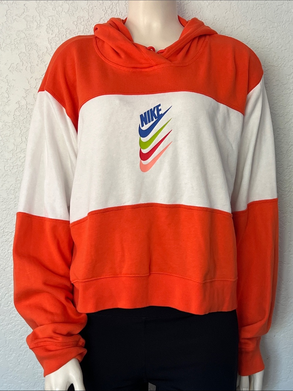 Nike Cropped Hoodie Orange Colorblock Cozy Oversized Swoosh Sweatshirt Womens XL